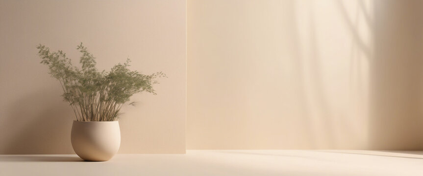Parede bege minimalista para apresenta&ccedil;&atilde;o do produto com luz vasp de planta e sombra intrincada da janela e vegeta&ccedil;&atilde;o na parede