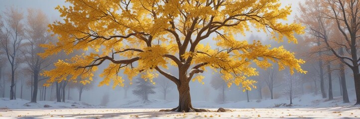 Fototapeta premium A tree with golden and yellow leaves in a snowy background , forest atmosphere, warm light, fall colors