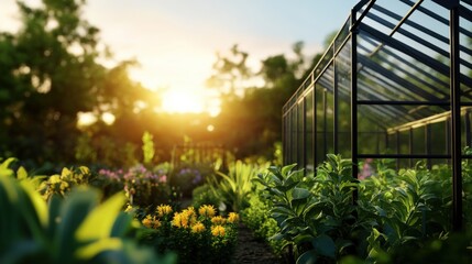 Growing plants in a greenhouse at sunrise a serene nature scene for gardening enthusiasts