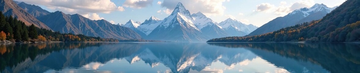 Majestic mountain range reflected in a serene lake, peaceful atmosphere, lake, landscape