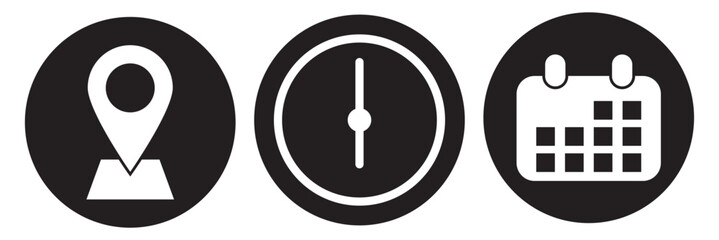 Location, Time, calendar icon set. Map pin icon, Time icon, Date signs. Vector elements.