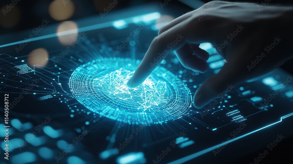 Aufkleber futuristic touchscreen interface with hand interacting with digital data visualization and network c