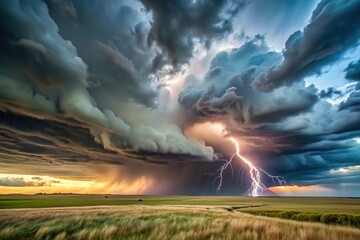 Obraz premium Super cell thunderstorm over prairie landscape with lightning strikes, medium shot