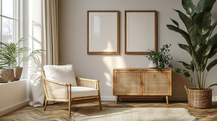 Refined Scandinavian home design with natural tones, a wicker dresser, and framed art