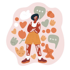 Cartoon vector illustration of a confident woman with vitiligo standing and looking directly at the viewer, symbolizing self-confidence, empowerment, and individuality.