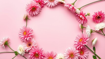 Obraz premium Pink gerbera daisies arranged in a circular frame on a pale pink background, perfect for springtime celebrations and romantic designs.