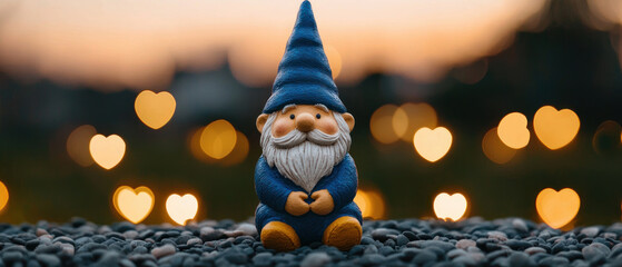 A charming garden gnome surrounded by soft, illuminated heart bokeh at sunset.