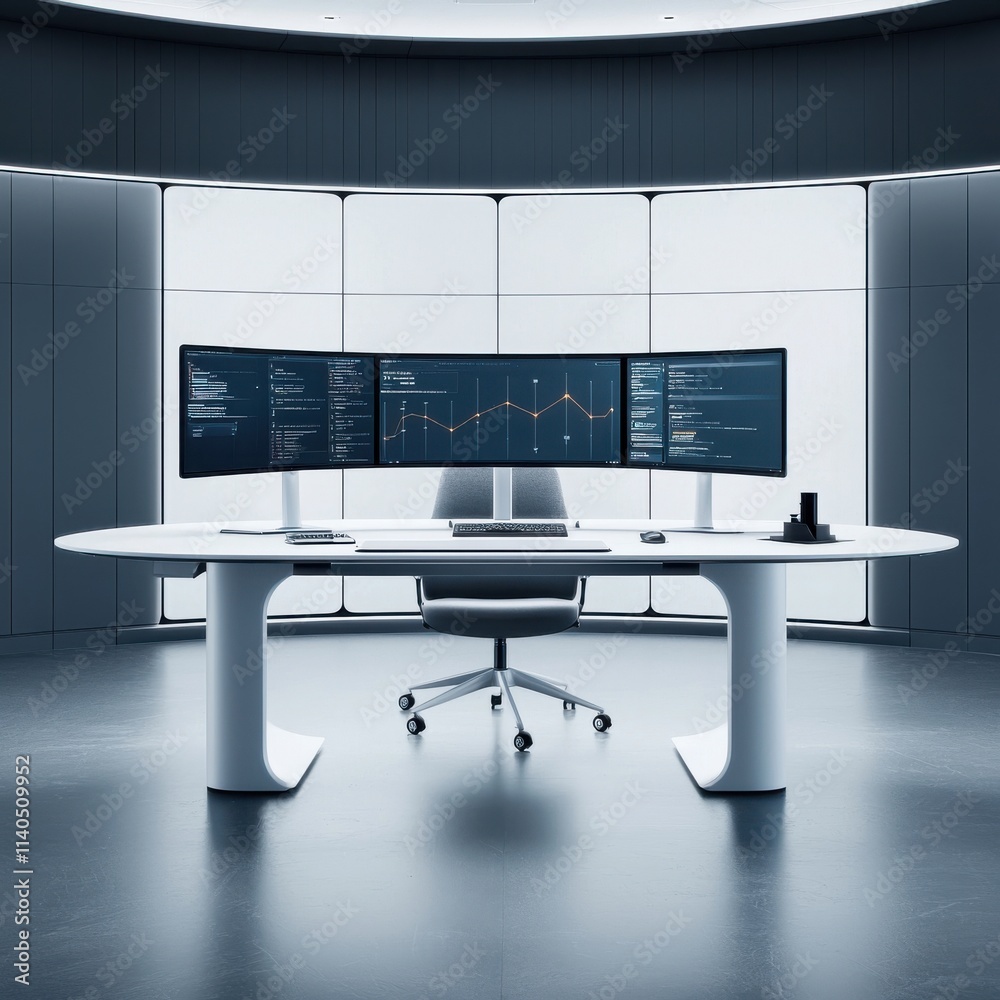 Poster modern office environment featuring a sleek workstation with curved monitors displaying data analyti