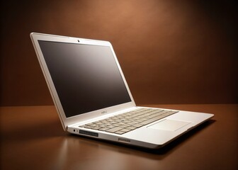 Macro Photography: Modern White Laptop on Chocolate Brown Background - Rich & Sophisticated Presentation