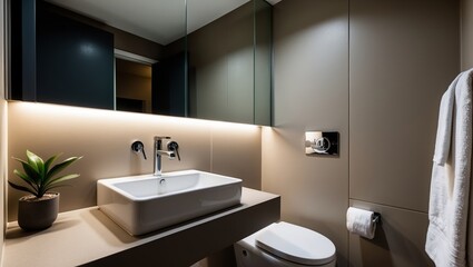 Modern bathroom interior featuring minimalist design with a sleek basin, stylish fixtures, and subtle lighting. A green plant adds a touch of vibrancy to the clean and elegant space.