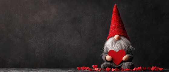 A cute gnome holding a red heart with petals around, perfect for a cozy atmosphere.