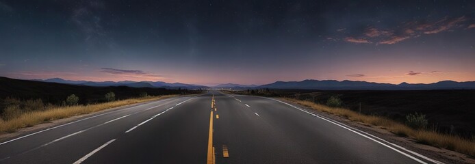 Fototapeta premium Nighttime landscape of a long asphalt road with a distant horizon, asphalt, suburban, distance