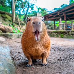 one copybara in the jungle, looking straight at the camera