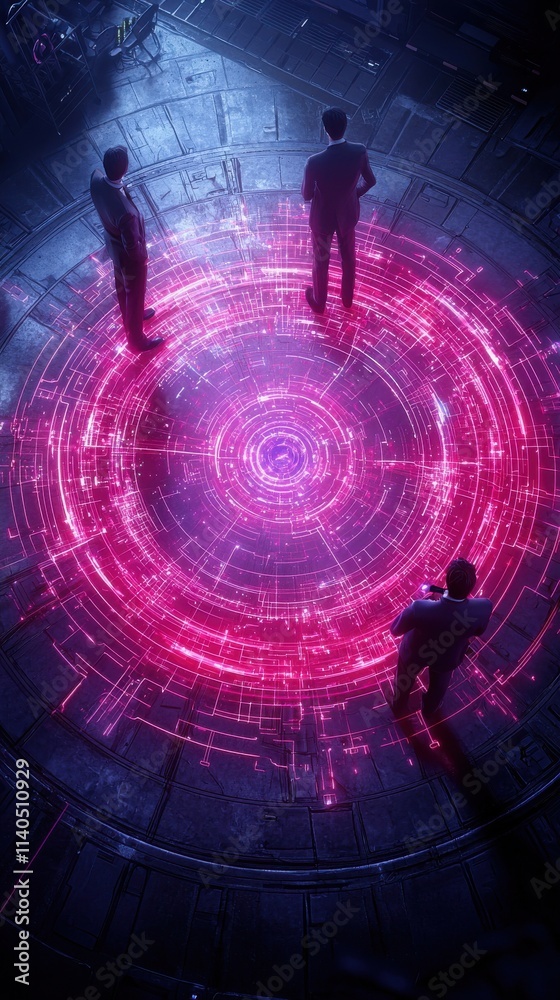 Poster three figures standing around a futuristic circular interface with glowing pink light and complex da