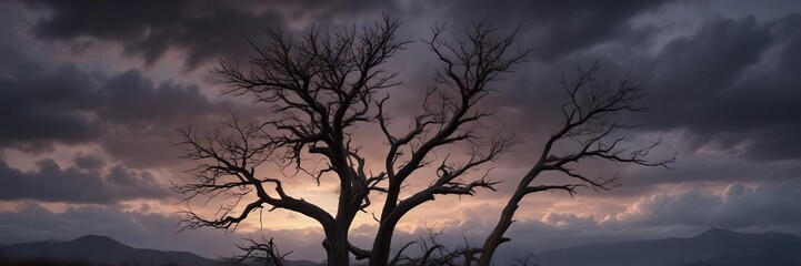 Obraz premium Cedar wood tree's dead branches against a dark and moody sky, tree, skeletal, wood texture