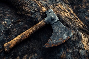 Rustic axe with wooden handle rests on aged wood.