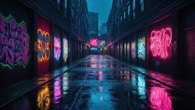 Vibrant graffiti walls illuminated by neon lights reflect on wet pavement in an atmospheric urban alley, evoking a sense of nightlife and creative expression.