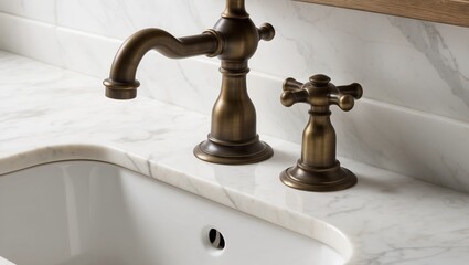 Elegant bronze faucet set with decorative handles on a marble countertop, showcasing a modern bathroom aesthetic and refined craftsmanship.