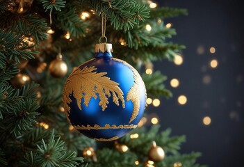 Ornament with blue and gold globe shape hanging on a Christmas tree branch , ornament, blue, delicacy