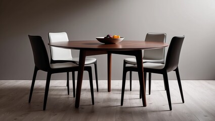 Fototapeta premium Modern dining table setup with four stylish chairs, featuring a bowl of colorful fruits, minimalistic design, warm lighting, and neutral background.