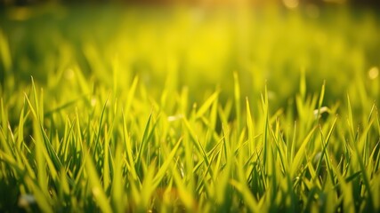 Golden Hour Meadow Close-up View of Vibrant Green Grass Blades Illuminated by Sunlight