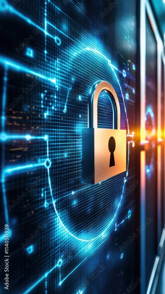 Poster high-tech digital lock with circuit patterns, representing cybersecurity and data protection in a mo