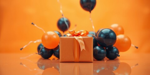 A festive gift box with an orange ribbon sits among a cluster of dark and light orange balloons.