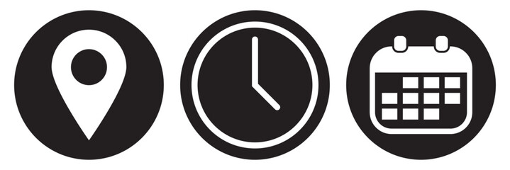Address, Time, Date icon. Address location icon. Stopwatch timer icon. Date Calendar icon. Vector illustration.