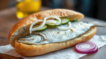 Savory Baked Roll with Marinated Fish, Cucumber, and Onion Rings