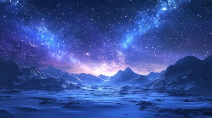 Majestic frozen mountain landscape under vibrant starry sky, nightscape with glowing Milky Way for backgrounds, sci-fi designs, and winter-themed concepts