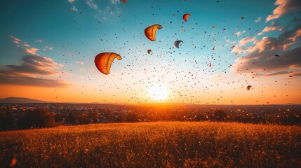 Obraz premium Sunset kites fly over golden field.
