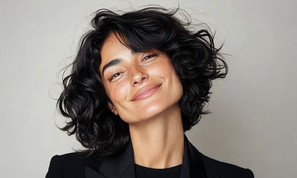 create a hyperrealistic portrait of a 40 years old woman, she ist smiling with her eyes closed and mouth closed, neutral white background, portrait photography