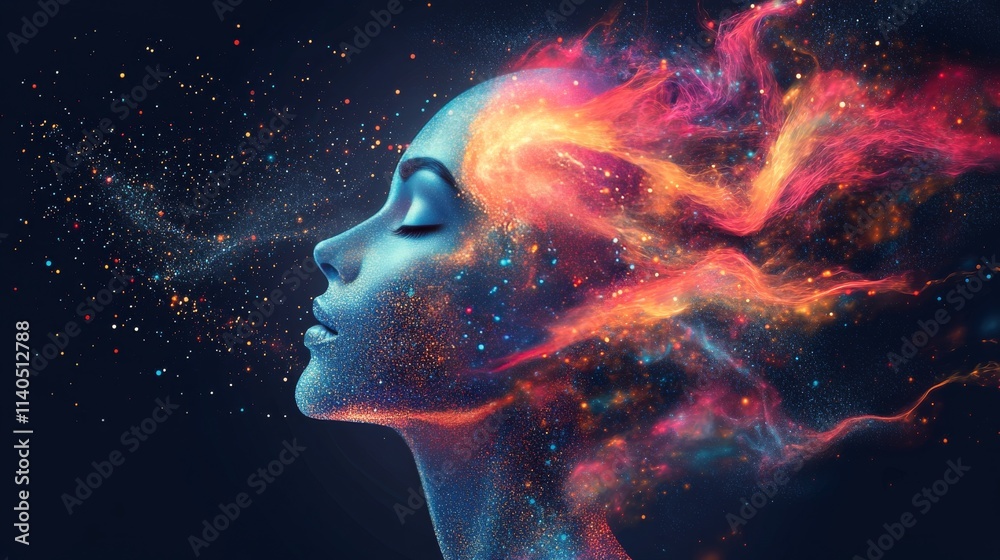Wall mural concept of artificial intelligence represented by a glowing human profile with cosmic elements