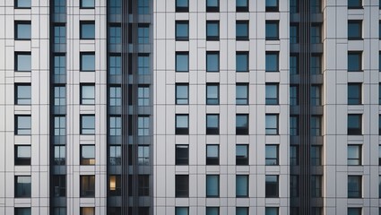 Modern architectural facade featuring sleek glass and metal panels, uniform grid of windows, reflecting urban environment, cool tones creating sleek aesthetic.