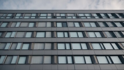 Modern building exterior showcasing grey panels, large windows, and curtain details under a cloudy sky.