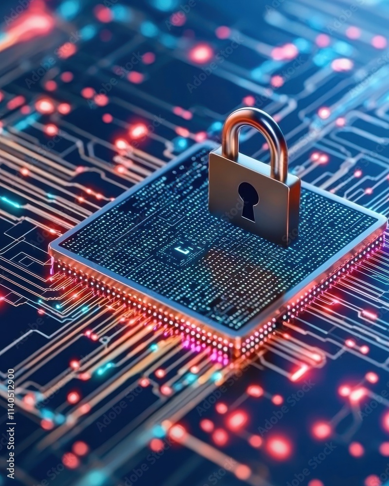 Poster digital padlock on a microchip surrounded by colorful circuits, symbolizing cybersecurity, data prot