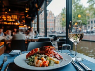 Lobster dish with vegetables on a restaurant table, featuring a glass of white wine and a city view.