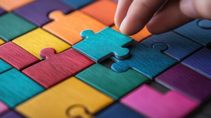 Risk analysis method. A hand placing a colorful puzzle piece into a vibrant jigsaw puzzle.