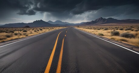 Naklejka premium Dark and dusty road with rough asphalt surface, rugged ground, rocky terrain