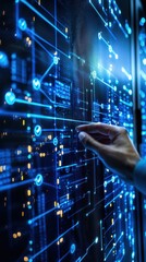 Hand Interacting with Digital Data Display, Visualizing Technology, Networking Concepts, and Data Management in a Modern Futuristic Environment