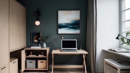 Modern workspace featuring a minimalist desk with a laptop against a green wall. The space includes wooden cabinets and abstract artwork