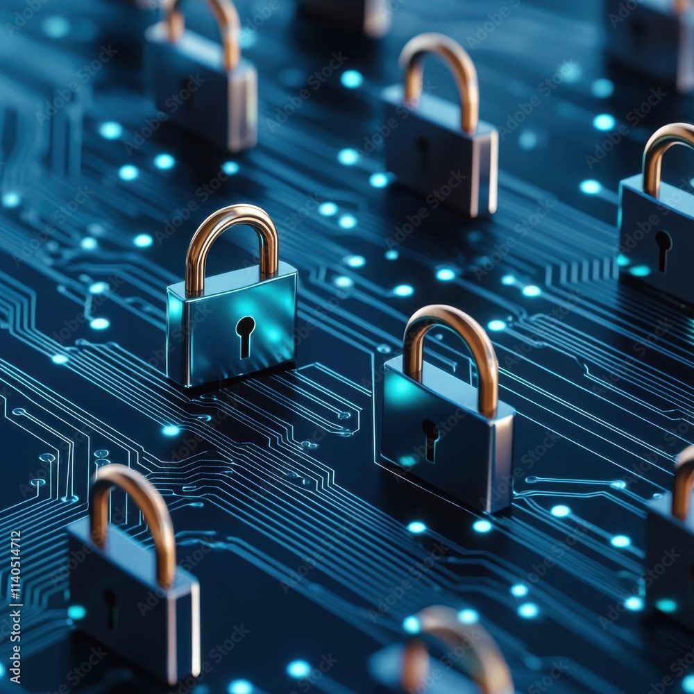 Poster secure digital connections: visualization of cybersecurity with locks on circuit board representing 