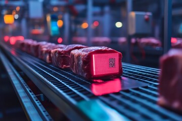 Automated meat processing industrial facility production line high-tech environment close-up view quality control concept
