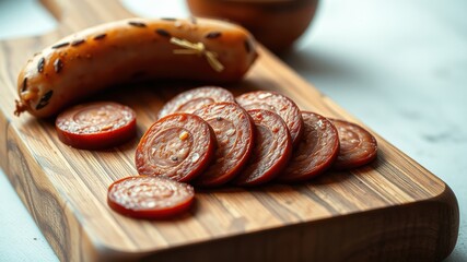 Close-up of sliced smoked sausage on a wooden board