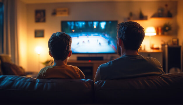 Father and son watching ice hockey match on tv at home