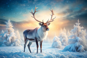 Majestic reindeer standing in snowy landscape with frosty breath, surrounded by snow covered trees and colorful sky. serene winter scene evokes tranquility and beauty