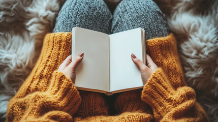 Woman wearing a yellow sweater and gray leggings holding an open book with blank pages