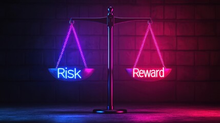 Risk analysis method. A neon scale balancing risk and reward in a dark setting.