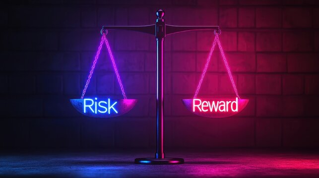 Risk analysis method. A neon scale balancing risk and reward in a dark setting.