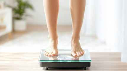 Caucasian woman standing on digital scale in bright room, concept of health and fitness